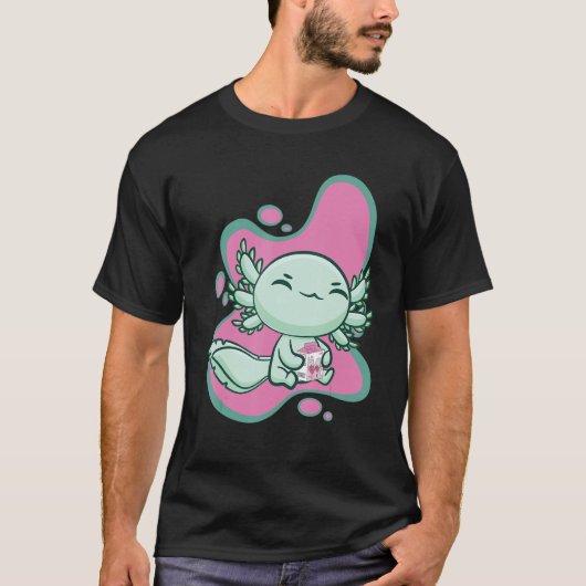 Cute Axolotl With Strawberry Milk And Bubble Tea B Tシャツ (正面)