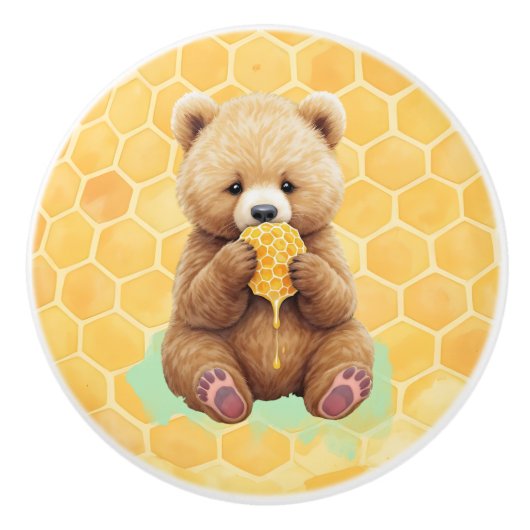 Cute Baby Bear Cup eating Honey セラミックノブ (正面)