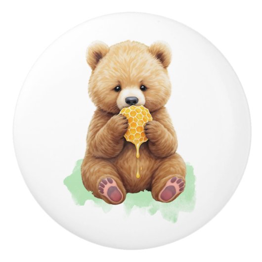 Cute Baby Bear Cup eating Honey セラミックノブ (正面)