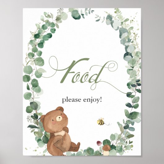 Cute Baby Bear Greenery Baby Shower Food Sign ポスター (正面)