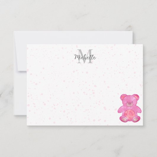 Cute Baby Bear In Pink Custom Monogram  ノートカード (正面)