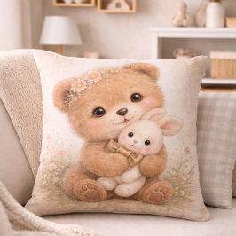 Cute Baby Bear With Bunny Neutral Kids Room クッション