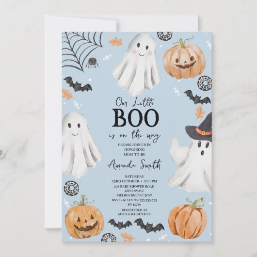 Cute Baby Blue Halloween Little Boo Baby Shower  招待状 (正面)