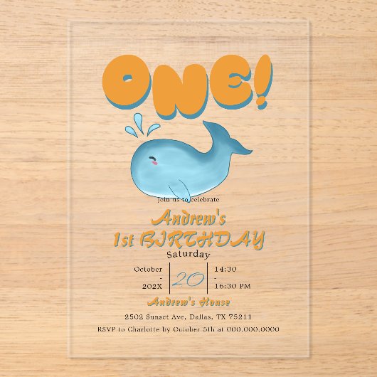 Cute Baby Blue Whale 1st Birthday アクリル招待状 (正面)
