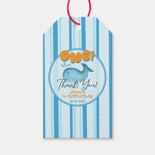 Cute Baby Blue Whale 1st Birthday ギフトタグ (正面)