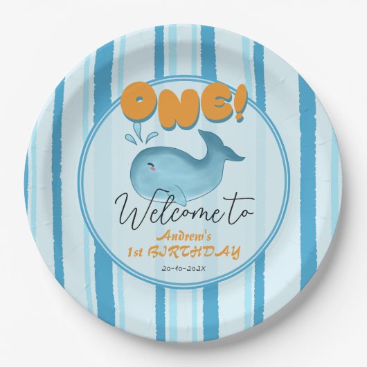 Cute Baby Blue Whale 1st Birthday ペーパープレート (正面)