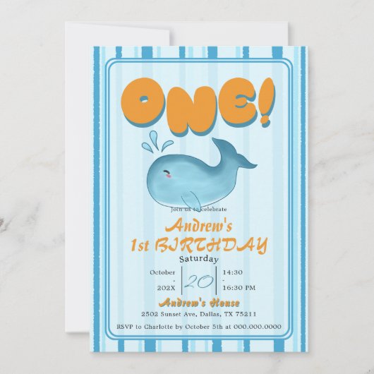 Cute Baby Blue Whale 1st Birthday 招待状 (正面)