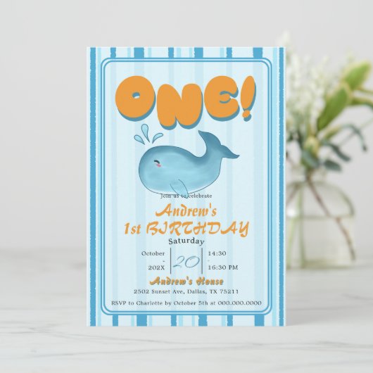 Cute Baby Blue Whale 1st Birthday 招待状 (スタンド正面)