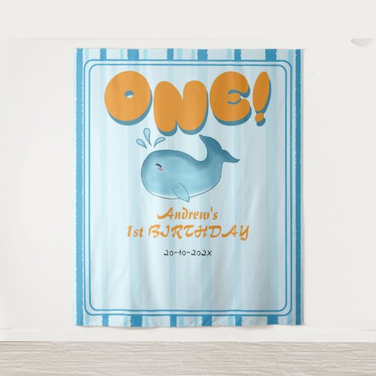 Cute Baby Blue Whale 1st Birthday Backdrop タペストリー (正面)