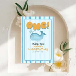 Cute Baby Blue Whale 1st Birthday Stripes サンキューカード
