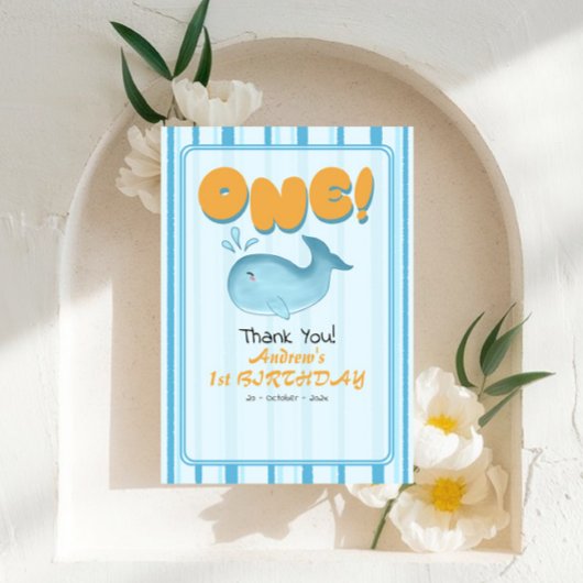 Cute Baby Blue Whale 1st Birthday Stripes サンキューカード