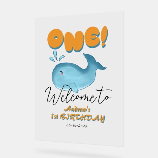 Cute Baby Blue Whale 1st Birthday Welcome アクリルサイン (傾斜)