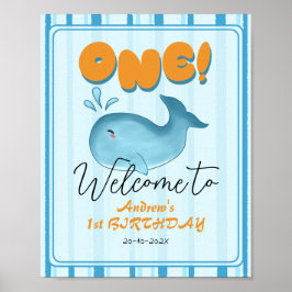 Cute Baby Blue Whale 1st Birthday Welcome Sign ポスター