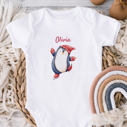 Cute Baby Bodysuit With An Ice Skating Penguin ベビーボディスーツ