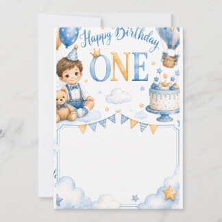 Cute Baby Boy 1st Birthday Invitation Watercolor 招待状