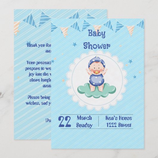 Cute Baby Boy Party Invitation  招待状 (正面/裏面)