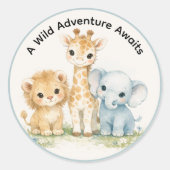 Cute Baby Boy Safari Animals Lion Giraffe Elephant ラウンドシール (正面)