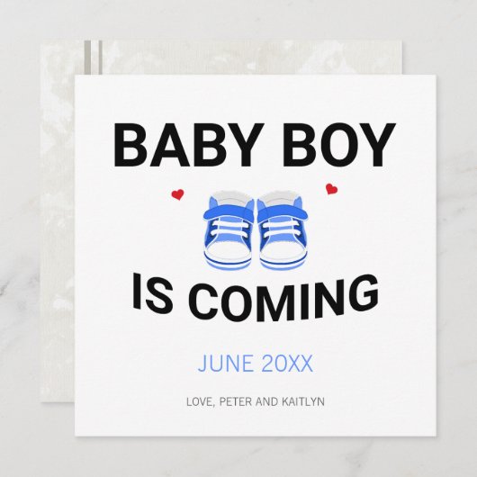 Cute Baby Boy Shoes Coming Soon Blue Pregnancy 案内状 (正面/裏面)