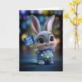 Cute Baby Bunny in Blue Overalls "You Can Do It" カード (黄色い花)