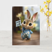 Cute Baby Bunny in Blue Romper Encouragement カード (黄色い花)