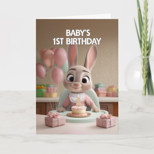 Cute Baby Bunny in Pink Celebrating 1st Birthday カード (正面)