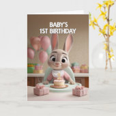 Cute Baby Bunny in Pink Celebrating 1st Birthday カード (黄色い花)