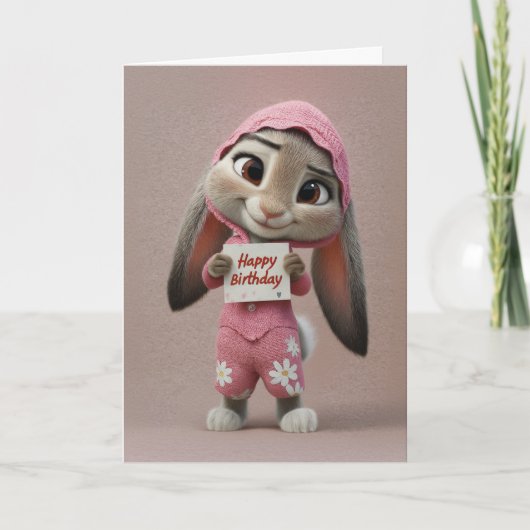 Cute Baby Bunny in Pink Romper Birthday Card カード (正面)