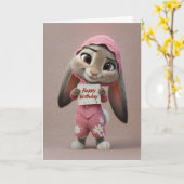 Cute Baby Bunny in Pink Romper Birthday Card カード (黄色い花)