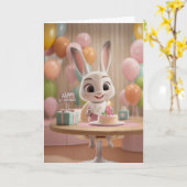 Cute Baby Bunny w/ Cake and Balloons 1st Birthday カード (黄色い花)