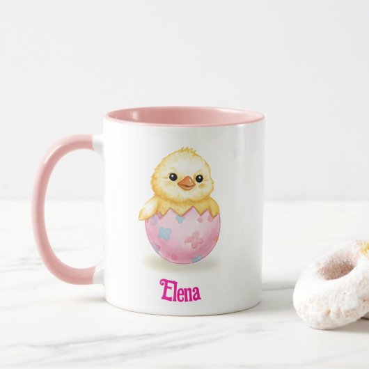 Cute Baby Chick Watercolor Easter Personalize Name マグカップ (ドーナツ)