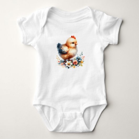 Cute Baby Chick with Flowers ベビーボディスーツ (正面)