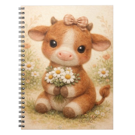 Cute Baby Cow with Daisies – Whimsical Farm ノートブック (正面)