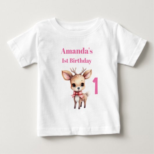 Cute Baby Deer Cartoon Illustration 1st Birthday ベビーTシャツ (正面)