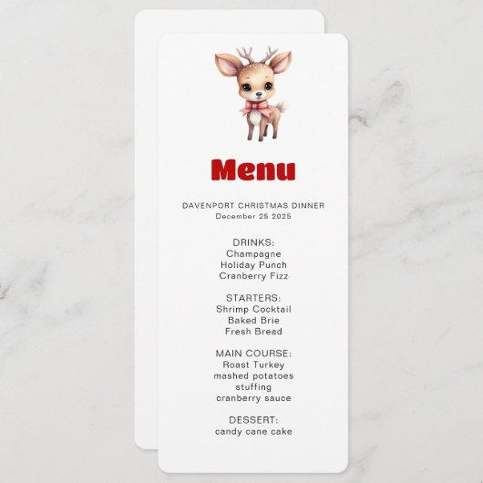 Cute Baby Deer Cartoon Illustration Menu 招待状 (正面/裏面)