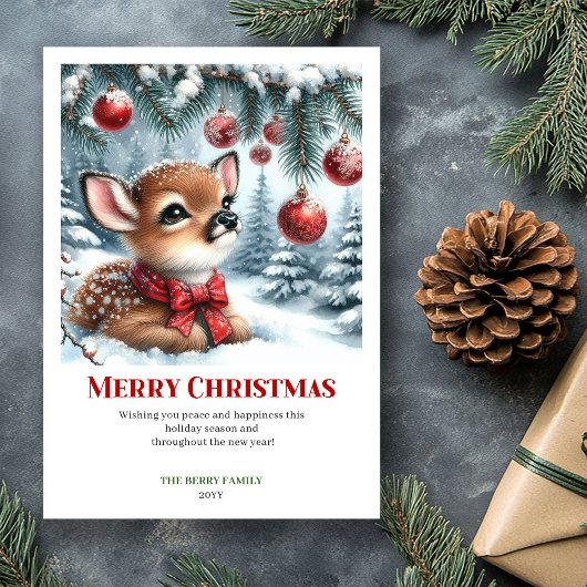 Cute Baby Deer Christmas Scene Watercolor Greeting シーズンカード