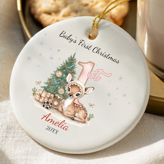Cute baby deer first Christmas pink personalized セラミックオーナメント