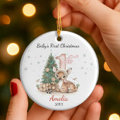 Cute baby deer first Christmas pink personalized セラミックオーナメント