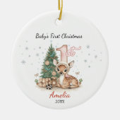 Cute baby deer first Christmas pink personalized セラミックオーナメント (正面)