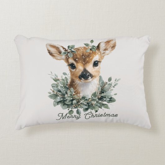 Cute Baby Deer Merry Christmas – Watercolor Fawn  アクセントクッション (正面)