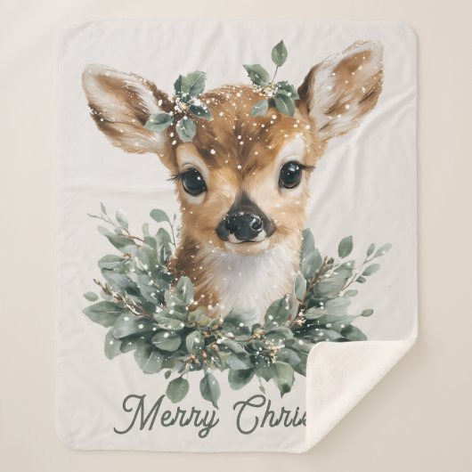 Cute Baby Deer Merry Christmas – Watercolor Fawn  シェルパブランケット (正面)