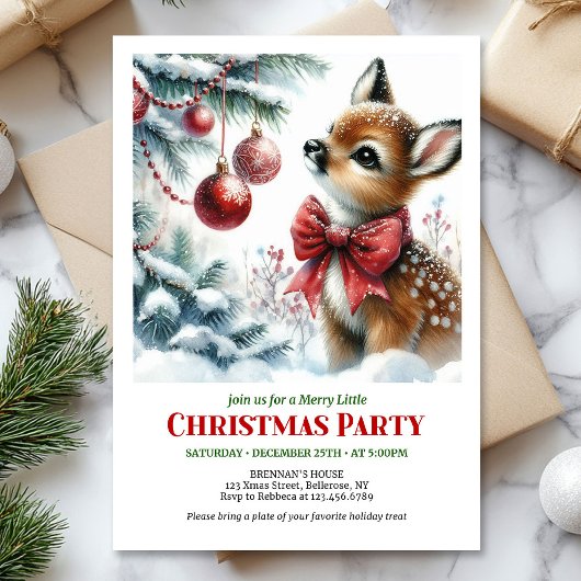 Cute baby deer winter scene Christmas party invite 招待状