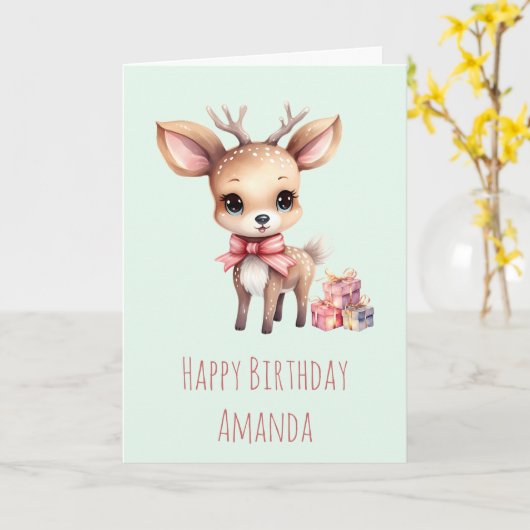 Cute Baby Deer with Gifts Birthday カード (黄色い花)