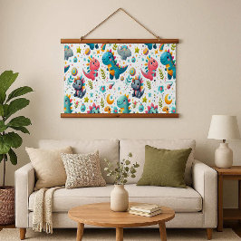 Cute Baby Dinosaur Teal Dino Wood Frame Tapestry 吊り下げ型タペストリー