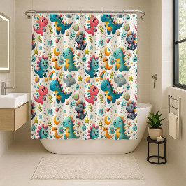 Cute Baby Dinosaur Teal Kids Dino Shower Curtain シャワーカーテン