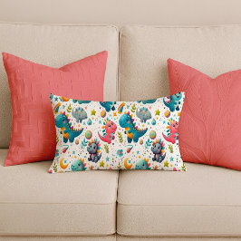 Cute Baby Dinosaur Teal Nursery Lumbar Pillow ランバークッション