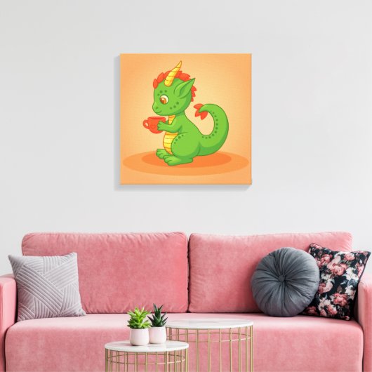 Cute Baby Dragon Holding Cup on Orange キャンバスプリント (インサイチュ (リビング))