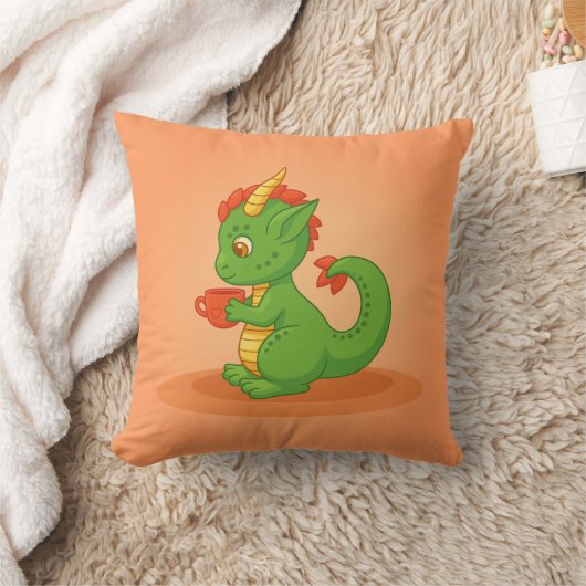Cute Baby Dragon Holding Cup on Orange クッション (ブランケット)
