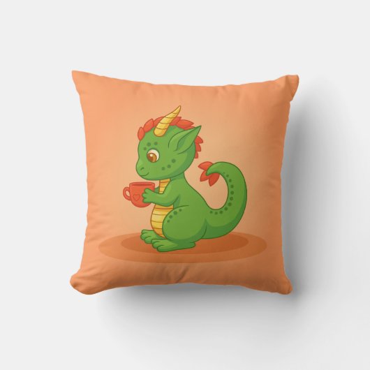 Cute Baby Dragon Holding Cup on Orange クッション (正面)