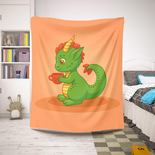 Cute Baby Dragon Holding Cup on Orange シェルパブランケット