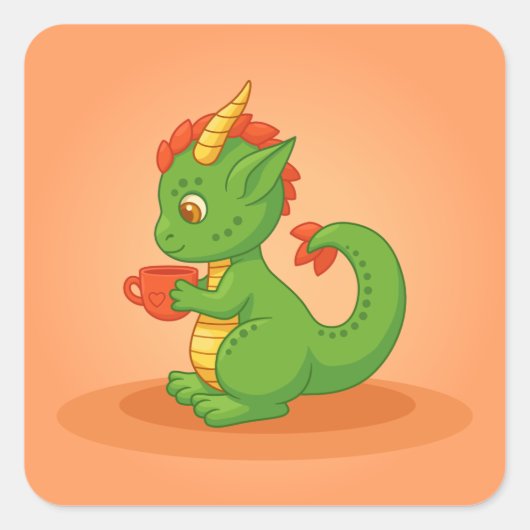 Cute Baby Dragon Holding Cup on Orange スクエアシール (正面)
